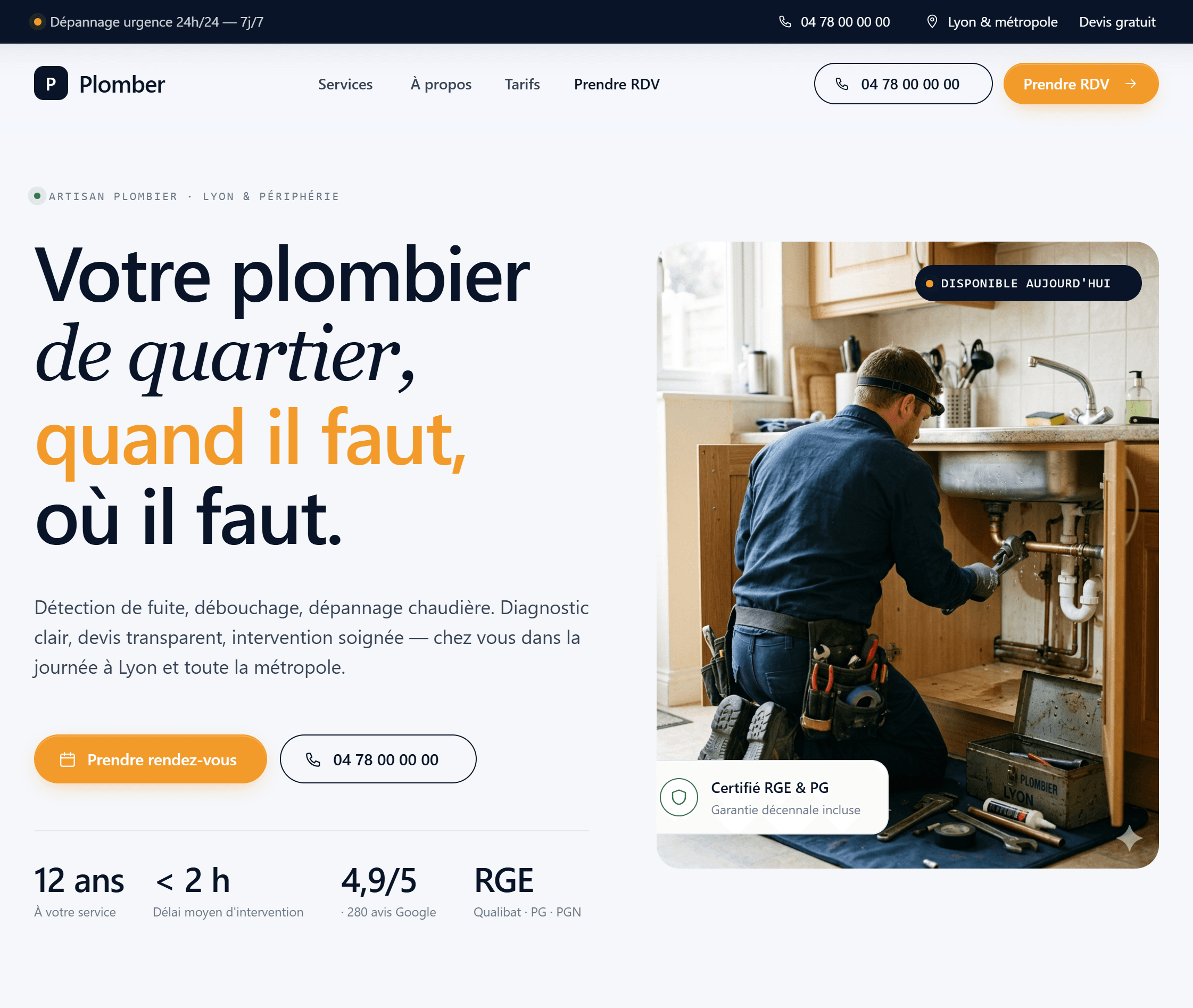 Aperçu de la landing page Plomber — artisan plombier à Lyon